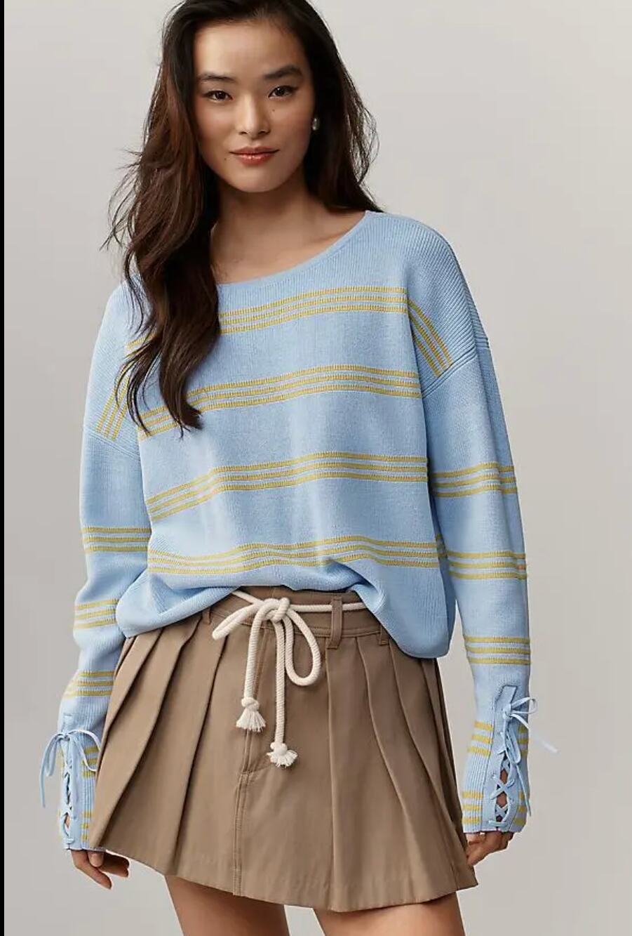 Maeve Anthropologie Womens M Blue Yellow Striped Knit Sweater Lace Up Sleeve NEW